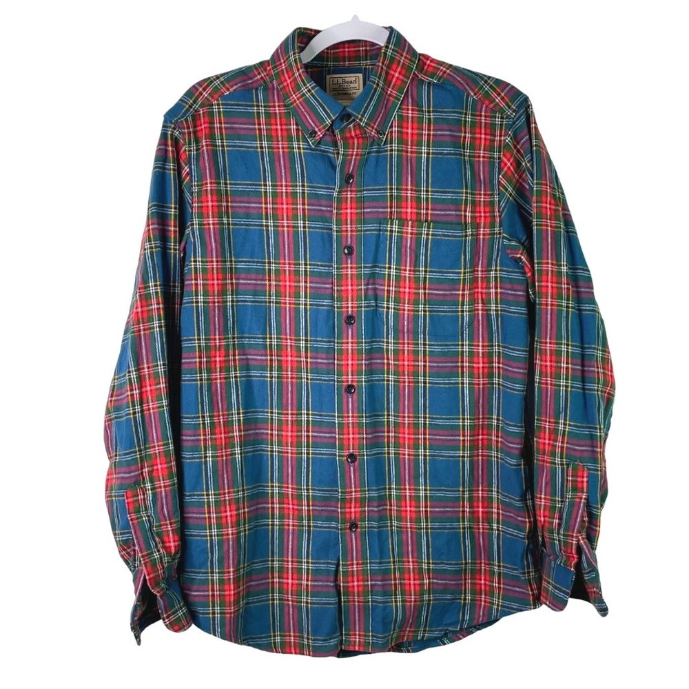 LL Bean Plaid Flannel Button Shirt Size Small Red Blue Cotton Mens